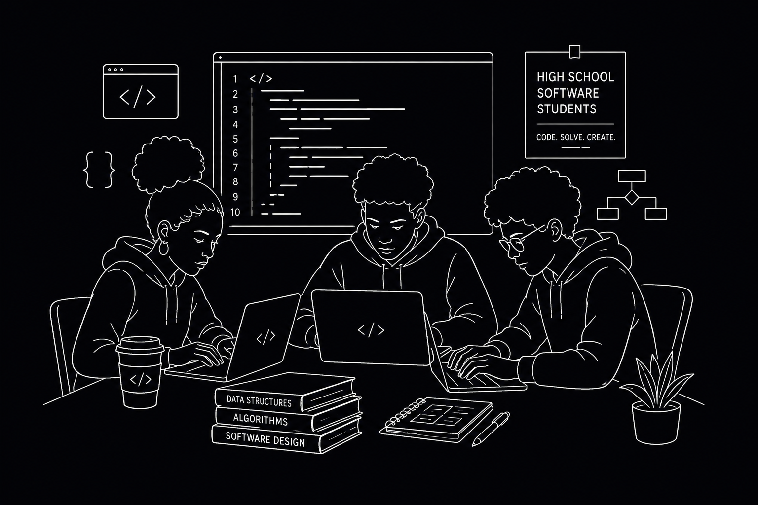 High school software students collaborating on laptops in class